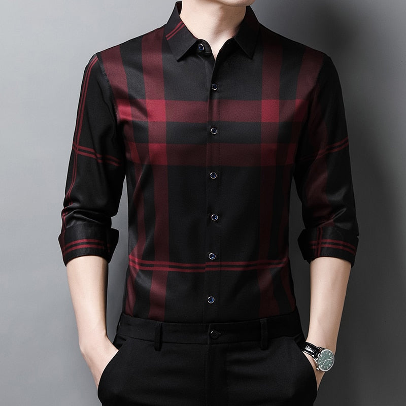 Camisa Social Manga Longa de Seda Xadrez - Elegance