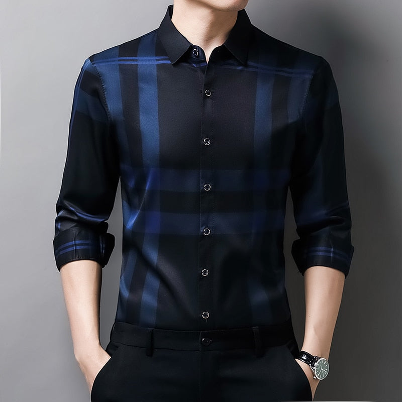 Camisa Social Manga Longa de Seda Xadrez - Elegance