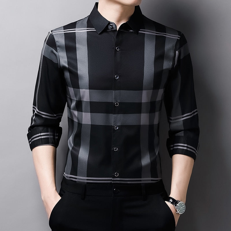 Camisa Social Manga Longa de Seda Xadrez - Elegance